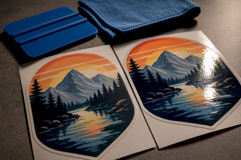Matte and gloss sticker samples under angled light
