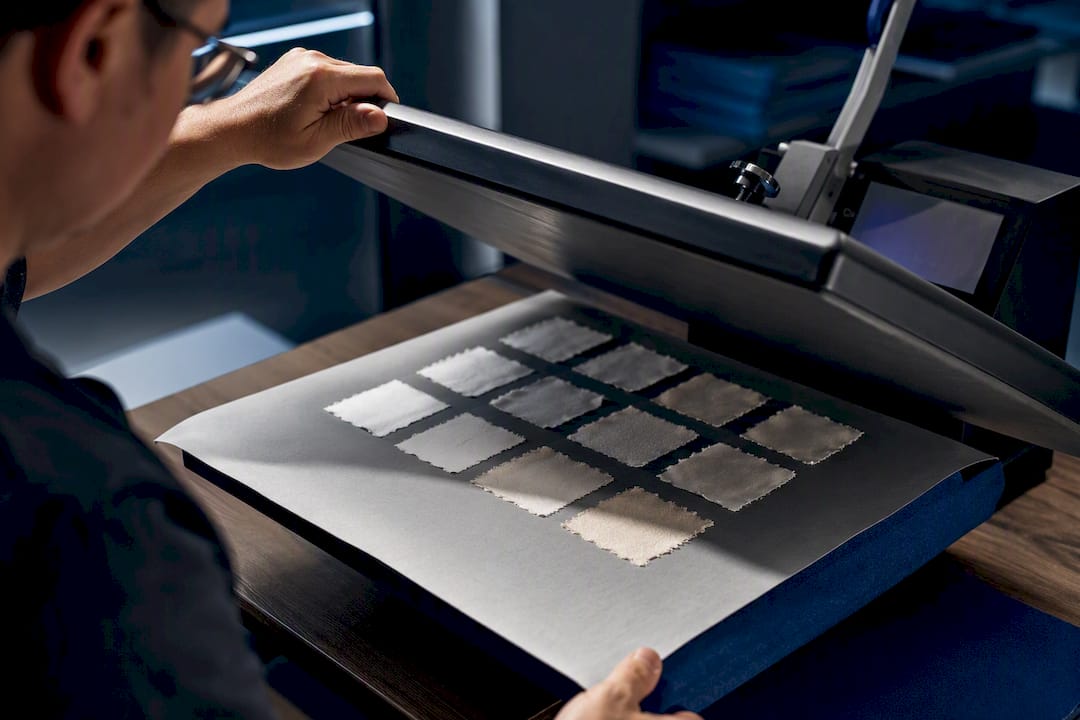 DTF swatches being tested under heat press