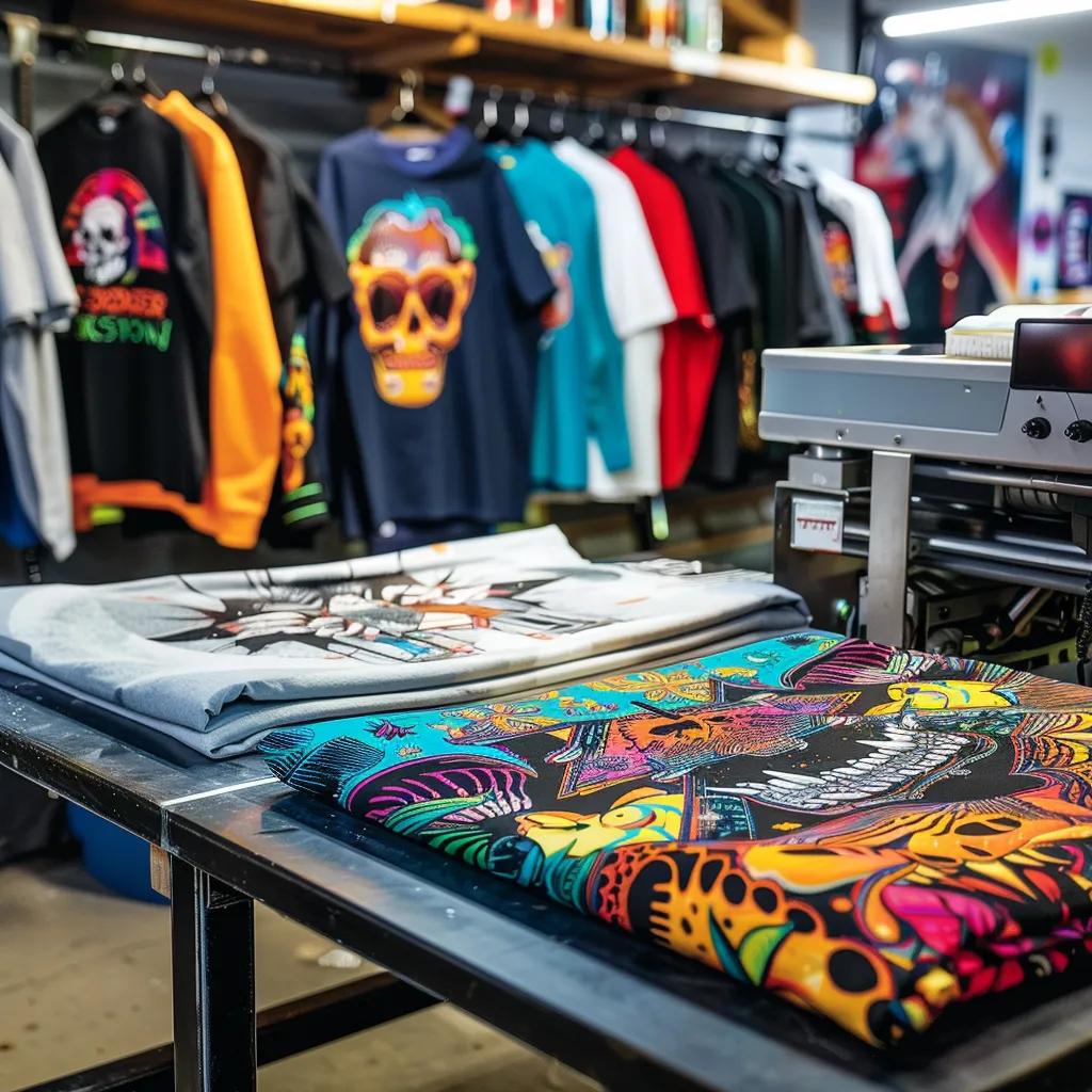 Colorful custom Direct-to-Film transfers displayed on apparel, showcasing vibrant prints and a heat press machine in a creative workspace