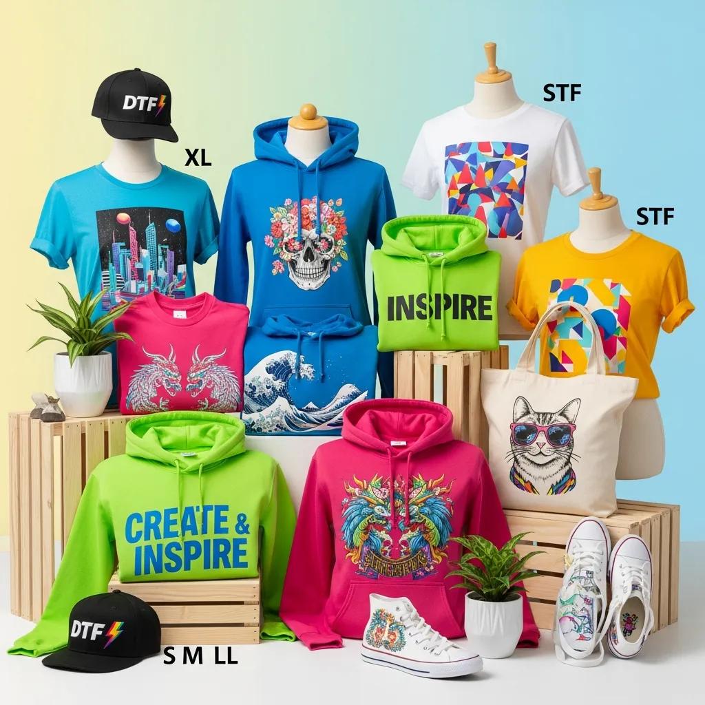 Colorful custom apparel featuring Direct-to-Film transfers displayed artistically