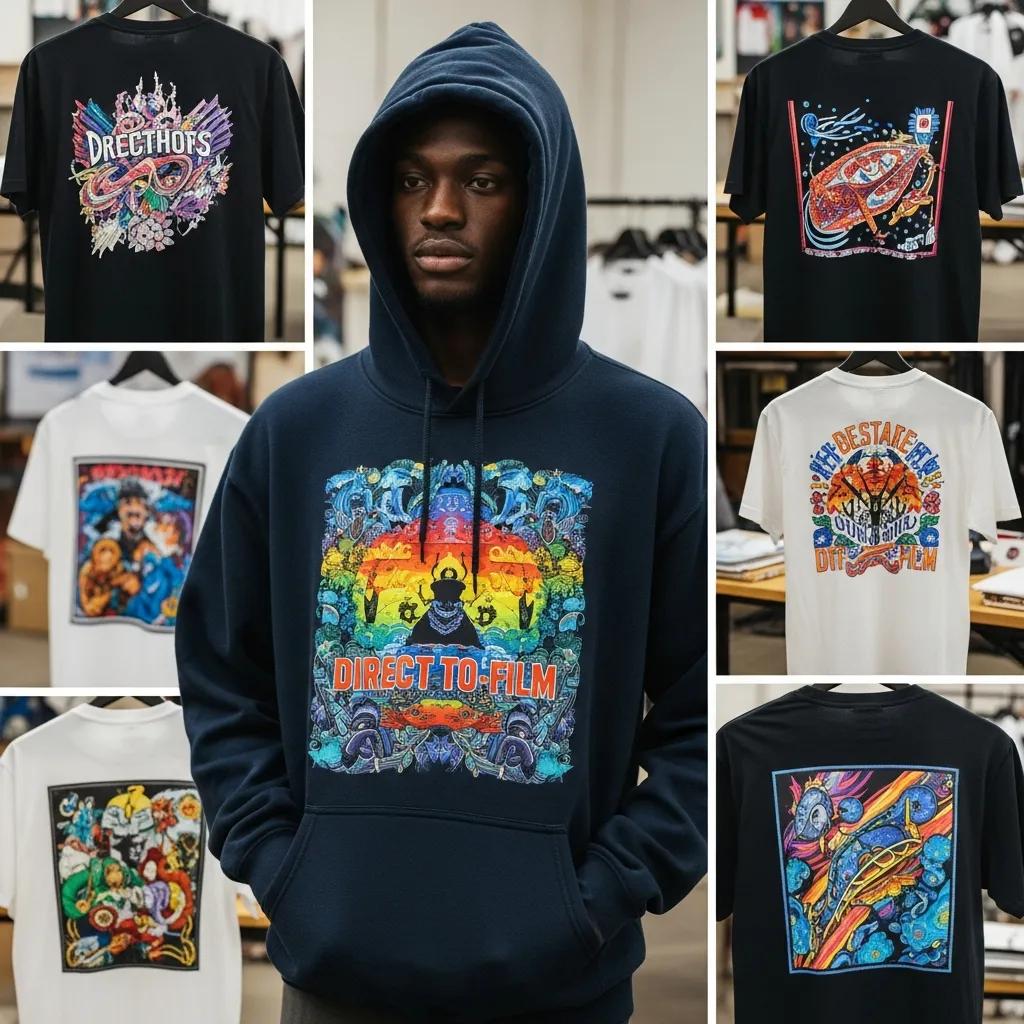 Colorful custom DTF transfers on various apparel showcasing intricate designs