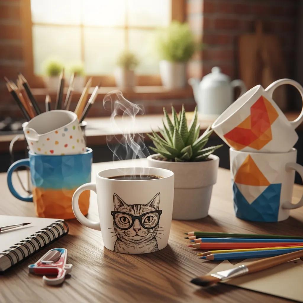 Colorful custom printed 3D mugs displayed in a cozy kitchen, highlighting unique designs and personalization options