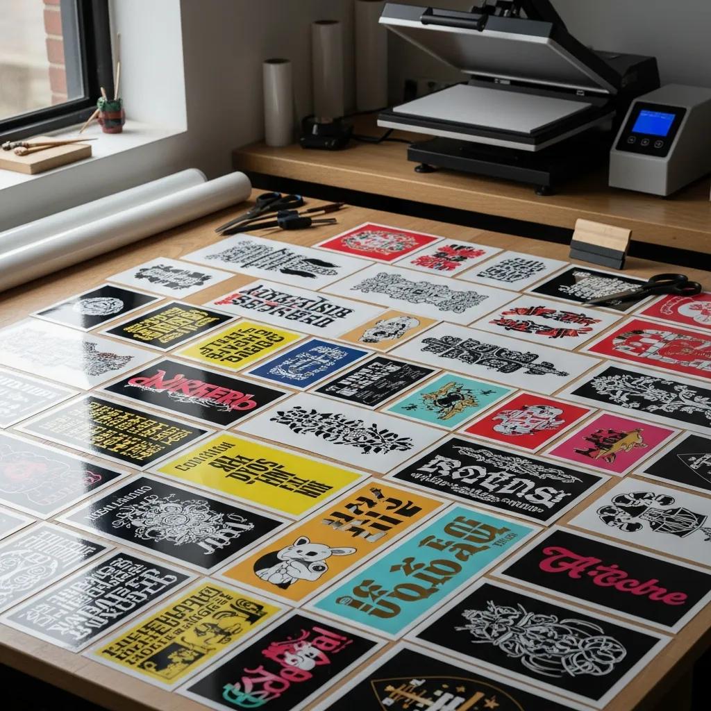 Colorful DTF gang sheet transfers displayed on a table in a creative workspace