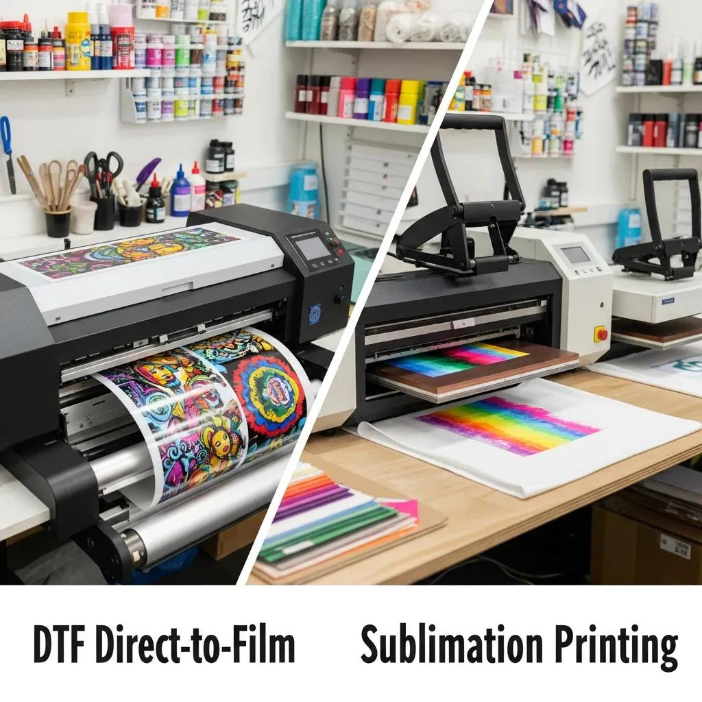 Comparison of DTF and sublimation printing processes with printers and colorful designs