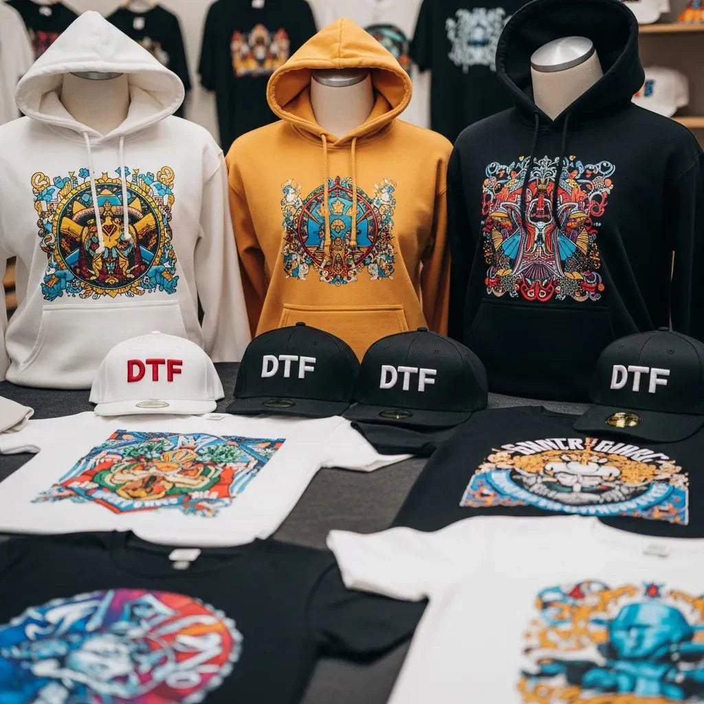 Custom apparel featuring vibrant DTF transfers showcasing intricate designs and high-quality prints