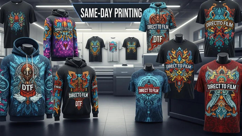 Custom printed apparel showcasing vibrant DTF transfers in a modern printing studio