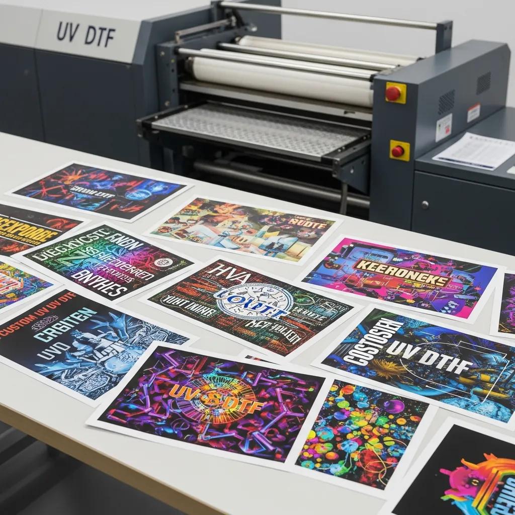 Custom UV DTF gang sheets with vibrant designs and colors displayed on a table