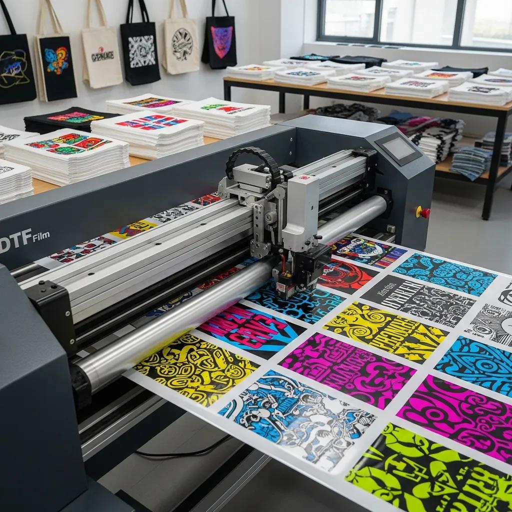 DTF printing machine producing vibrant custom designs on film in a modern printing studio