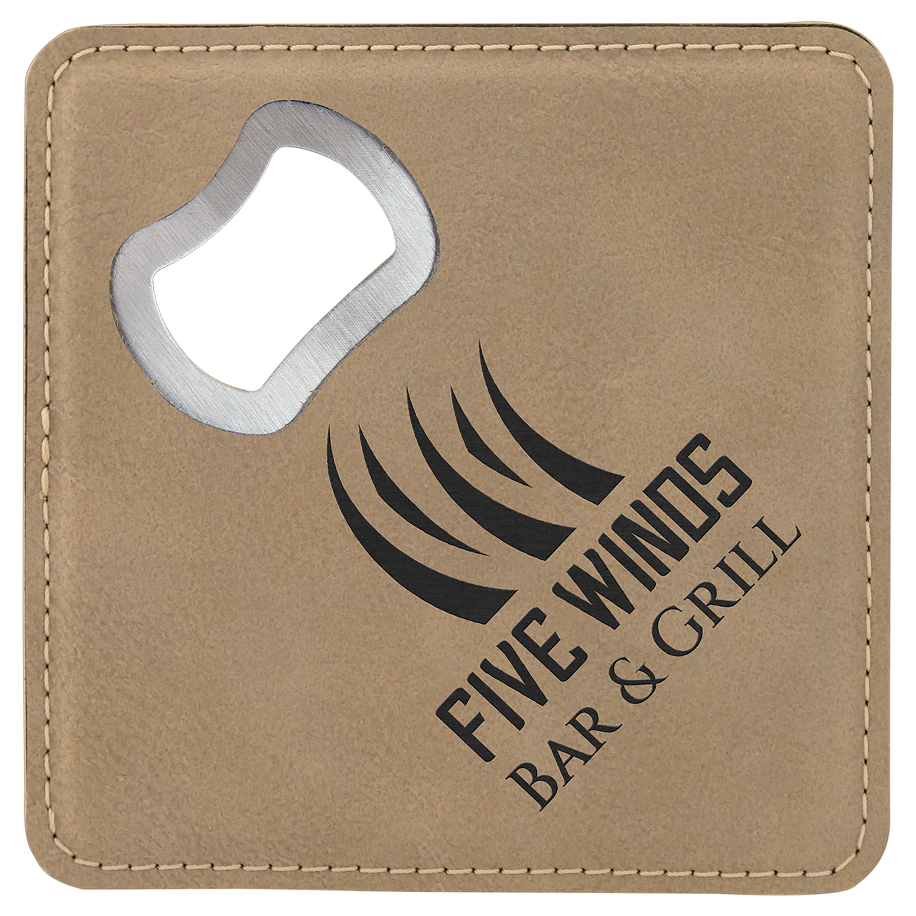 Light Brown 4" x 4" Square Laserable Leatherette Coaster with Bottle Opener